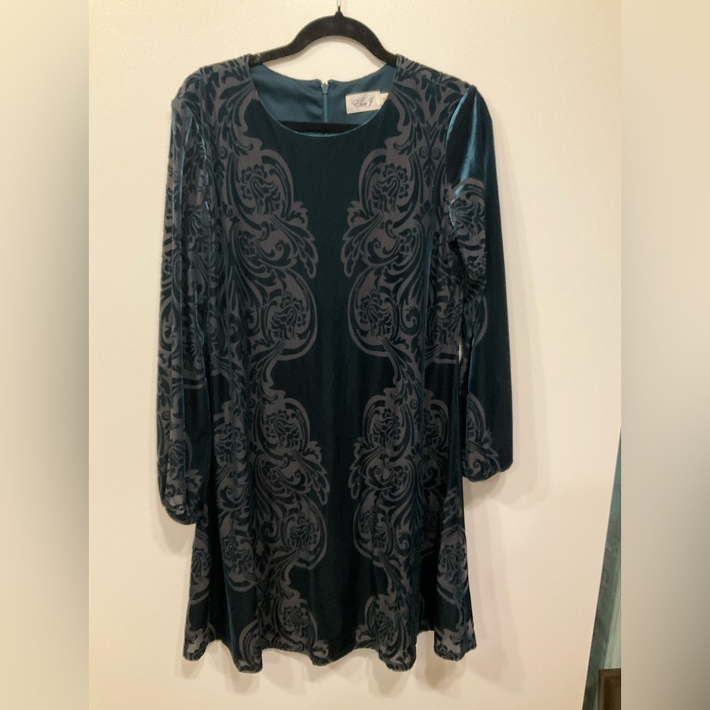 Eliza J Forest Green Burnout Velvet Damask Long Sleeve Shift Dress Sz 12
